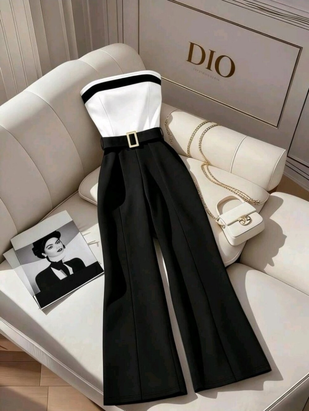 Women's Strapless Contrast Trim Metal Buckle Wide Leg Jumpsuit,Elegant